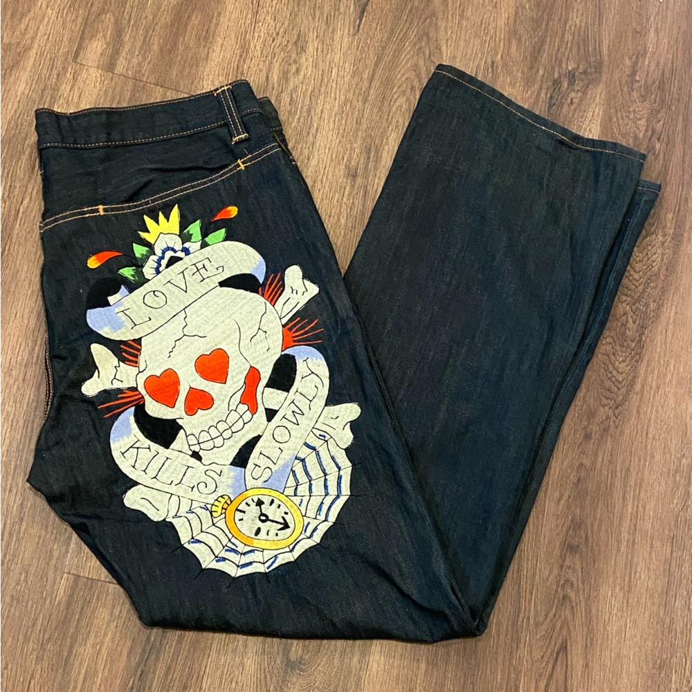 Ed Hardy “Love Kills Slowly” with Skull and Clock; Dark Wash Jeans 38"×34" Mens